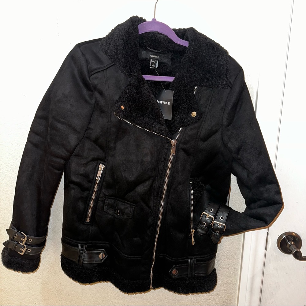 BRAND NEW WITH TAGS Faux Suede Buckled Moto Jacket with Buckles and Zippers